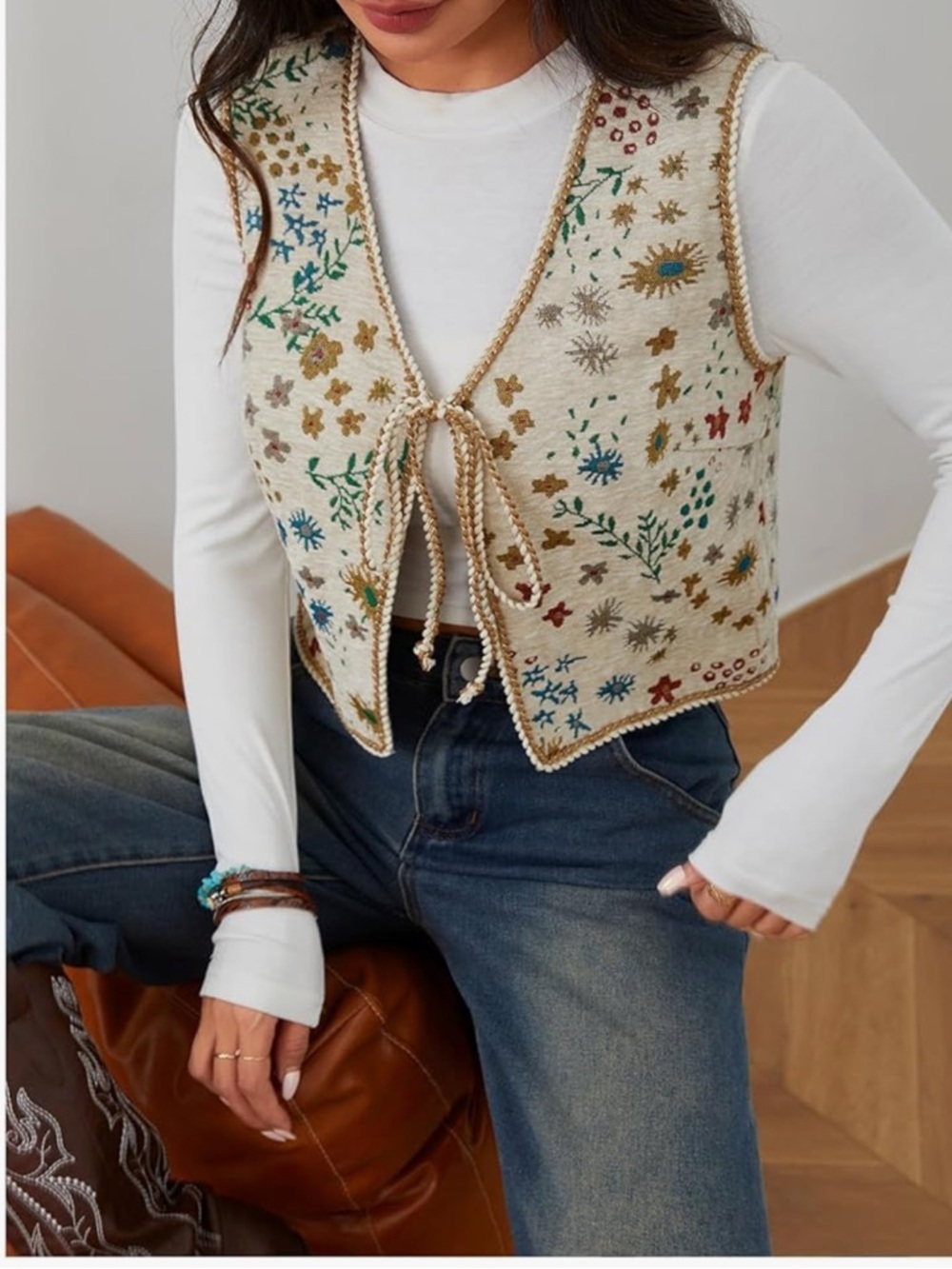 Shein Boho Cowgirl Tapestry Floral Tie Front Vest Cream Gold Braided Trim - Picture 3 of 10